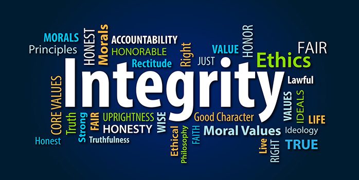Word cloud around the word Integrity, with values such as honesty, accountability and ethics